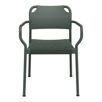 Green outdoor chair with a textured seat and backrest, featuring sleek metal armrests for modern style.