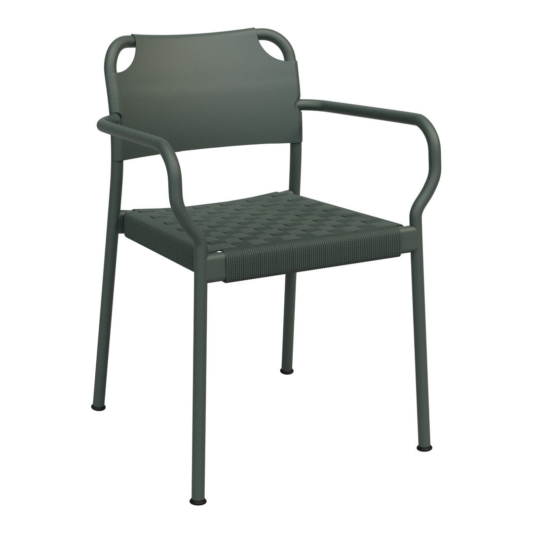 Dark green outdoor chair with a textured seat and backrest, featuring a simple, modern design.