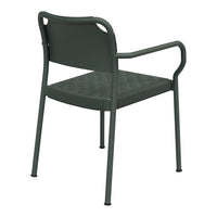 Dark green outdoor chair with a textured seat and armrests, perfect for modern patio decor.