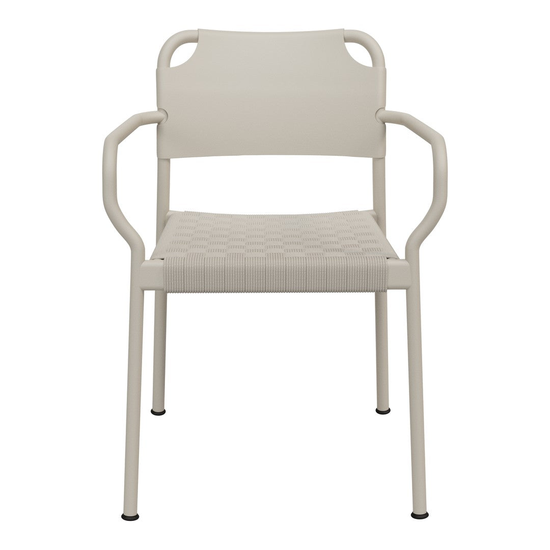 Light beige chair with a textured seat and armrests, featuring a sleek, minimalist design.