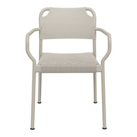Light beige chair with a textured seat and armrests, featuring a sleek, minimalist design.