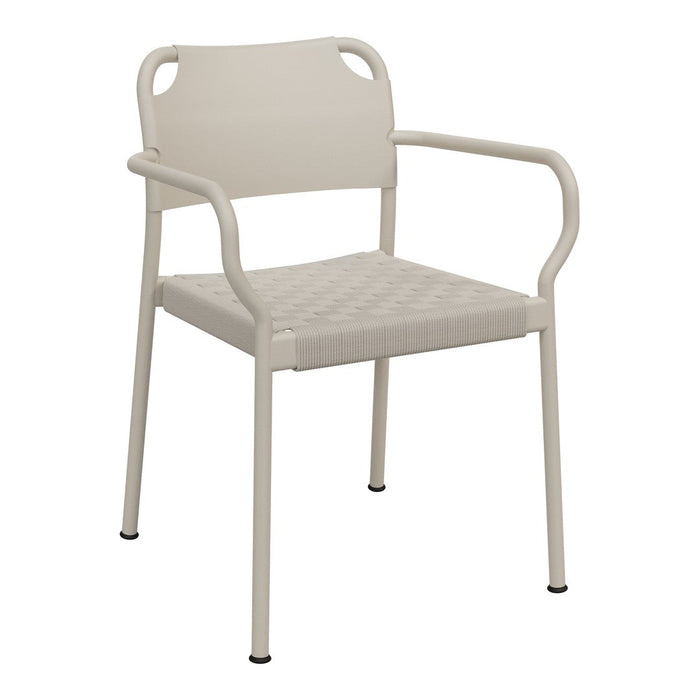 Light beige chair with a woven seat pattern and smooth metal armrests, ideal for indoor or outdoor use.