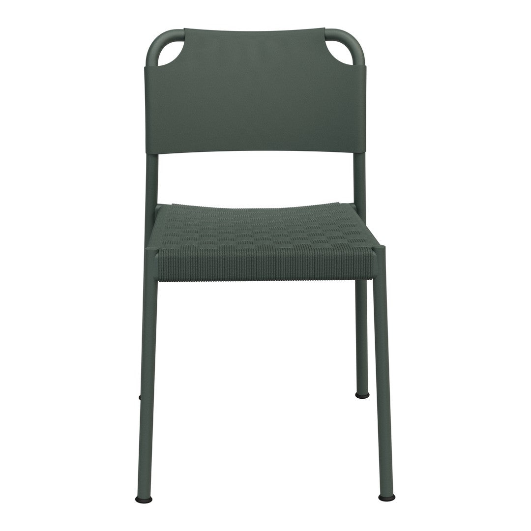 Dark green woven patio chair with sleek design and minimalist aesthetic. Perfect for outdoor dining.