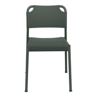 Dark green woven patio chair with sleek design and minimalist aesthetic. Perfect for outdoor dining.