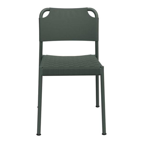 Dark green woven patio chair with sleek design and minimalist aesthetic. Perfect for outdoor dining.