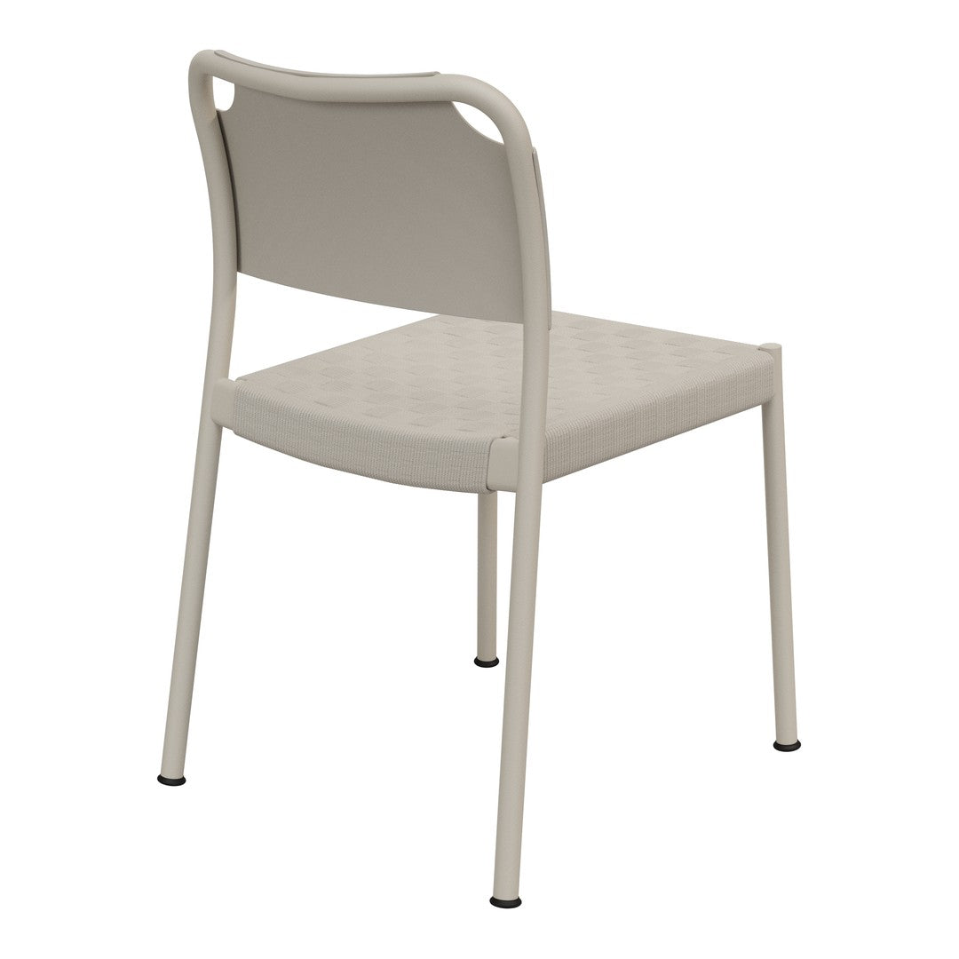 Light beige chair with a minimalist design and textured seat pattern, featuring smooth, curved lines on the back.