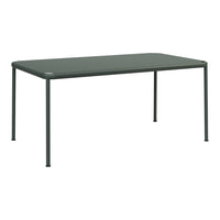 Rectangular table in deep green with a smooth finish and sleek, minimalist design. Suitable for indoor or outdoor use.