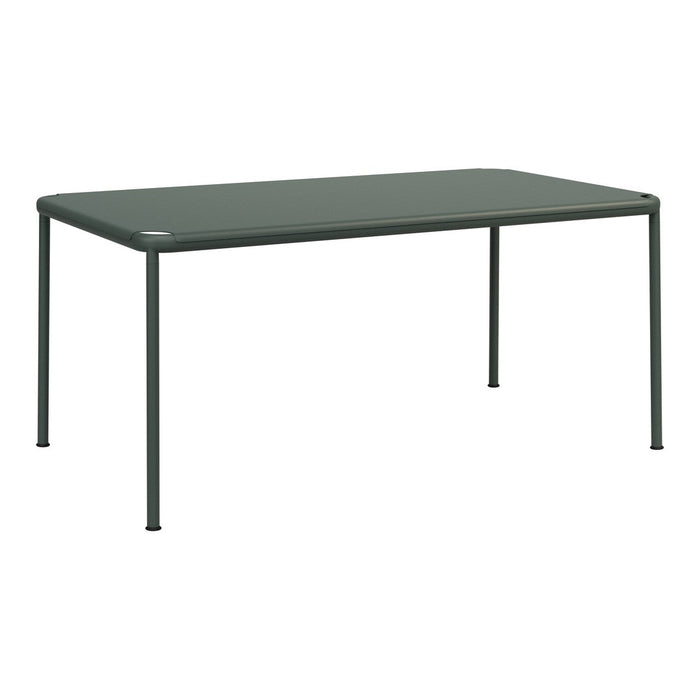 Rectangular table in deep green with a smooth finish and sleek, minimalist design. Suitable for indoor or outdoor use.