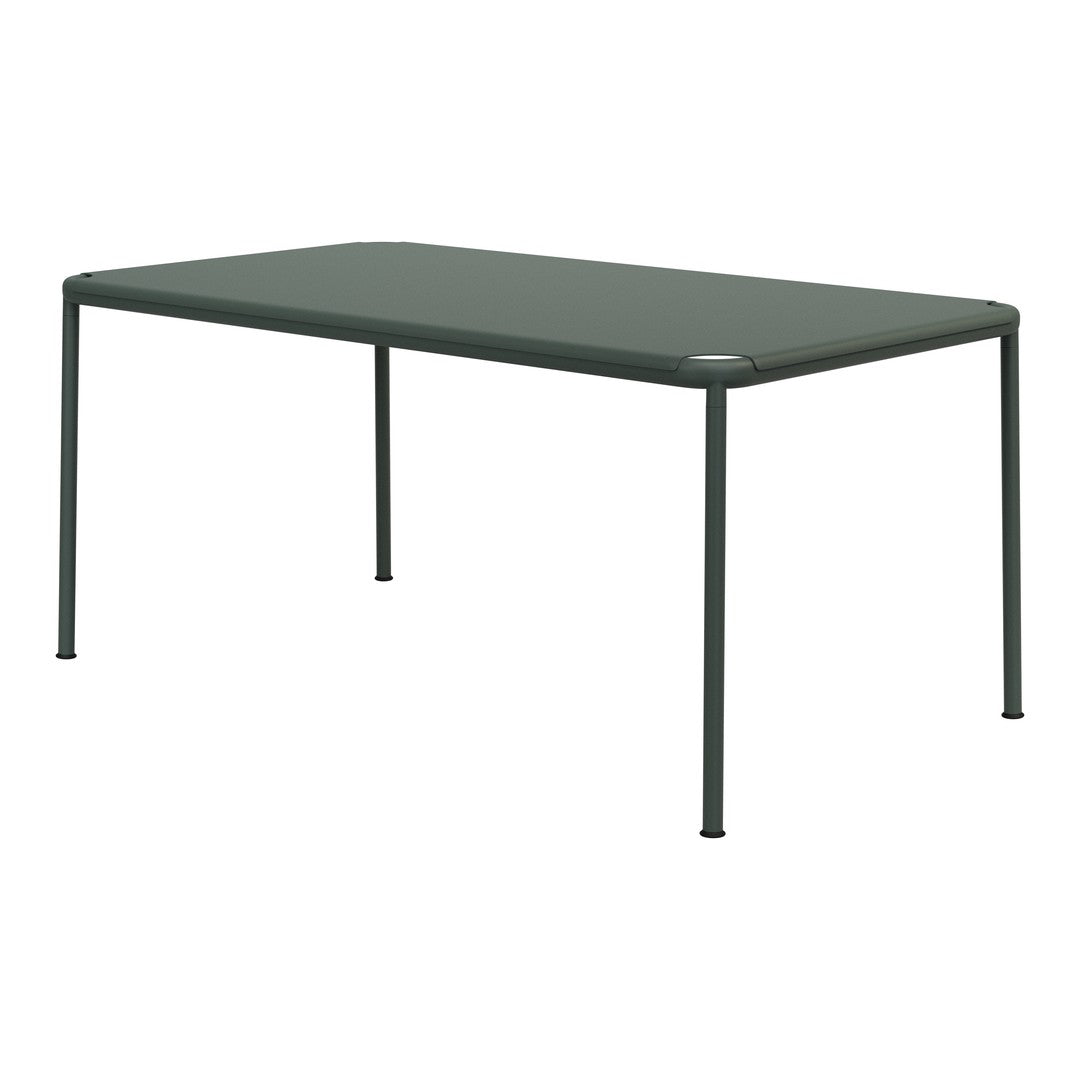 Rectangular green table with a smooth surface and sleek metal legs, perfect for modern dining spaces.