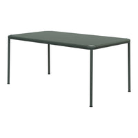 Rectangular green table with a smooth surface and sleek metal legs, perfect for modern dining spaces.