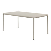 Rectangular table in a soft beige color with a sleek, minimalistic design and smooth, solid surface.
