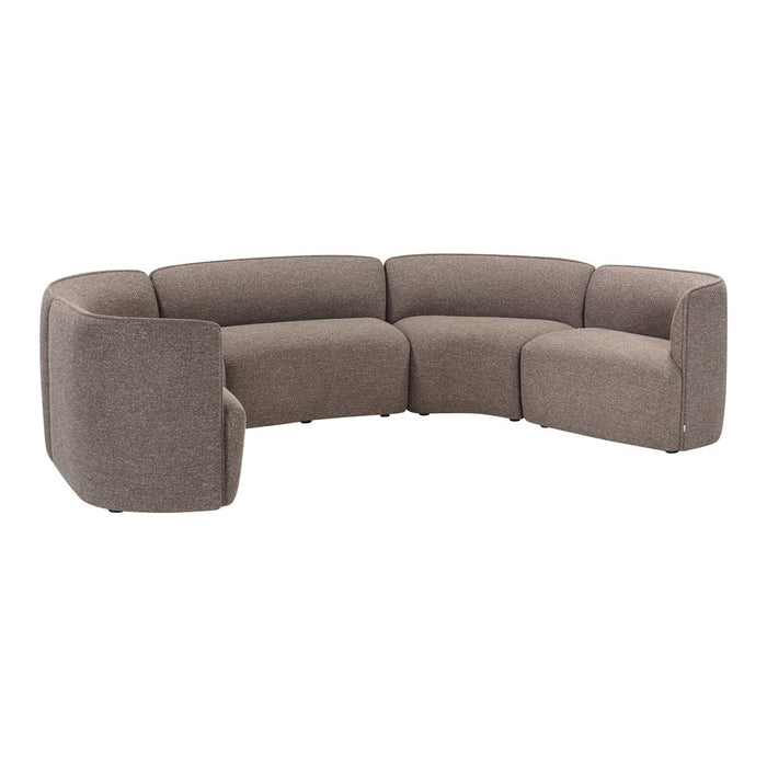Curved sectional sofa in soft gray fabric with a smooth, modern pattern, perfect for stylish living spaces.