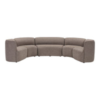 Curved sectional sofa in a soft taupe fabric, featuring a subtle textured pattern for a modern look.