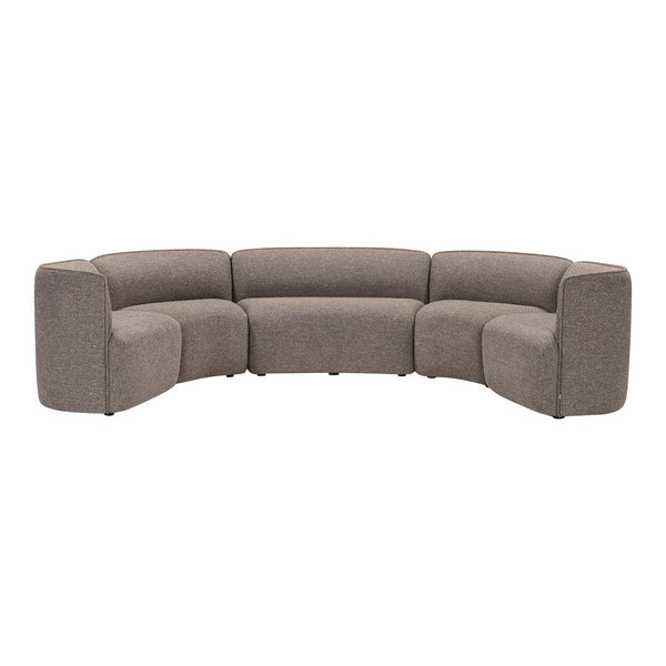 Curved sectional sofa in a soft taupe fabric, featuring a subtle textured pattern for a modern look.