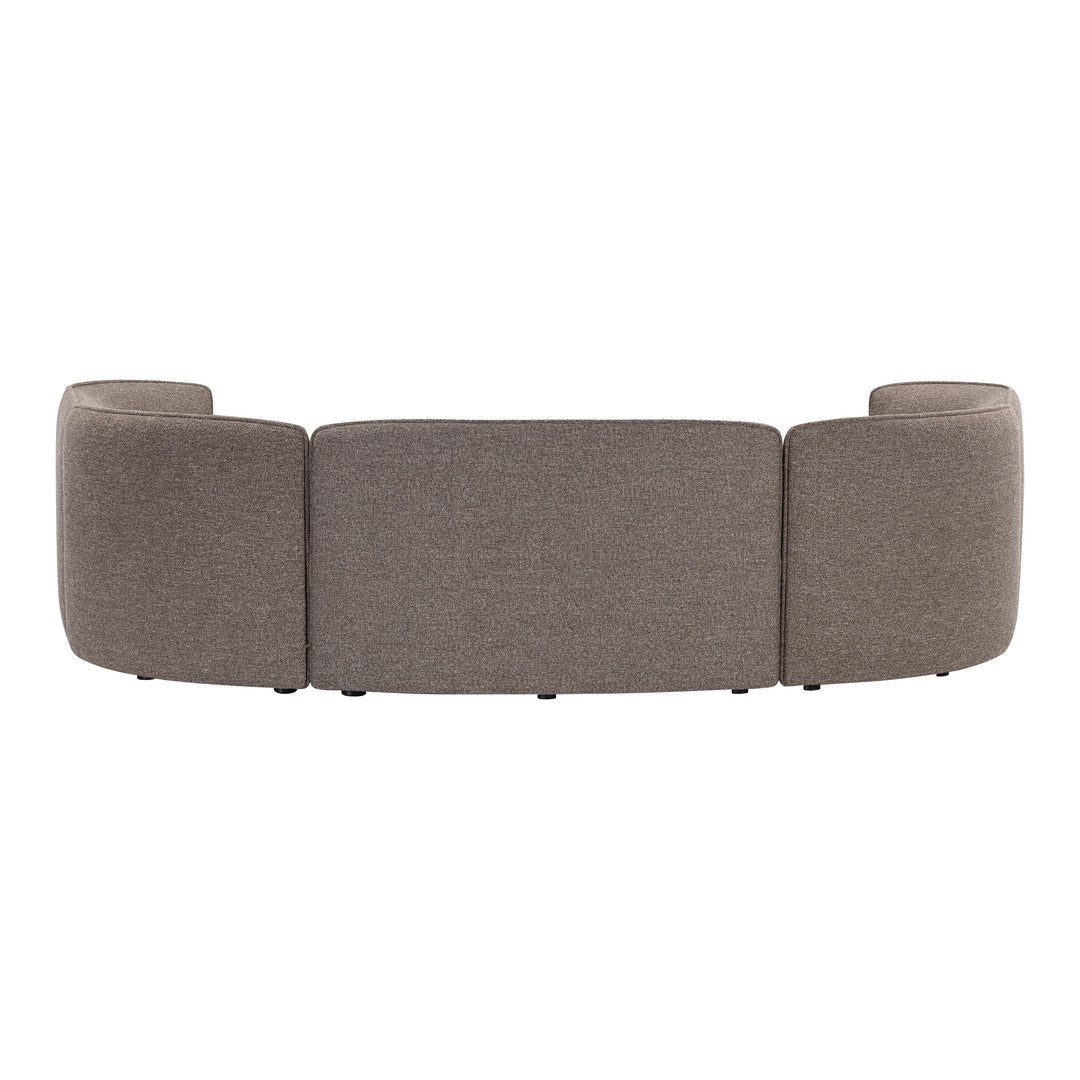 Curved gray sofa with a textured finish, featuring a seamless, modern design. Ideal for contemporary decor.