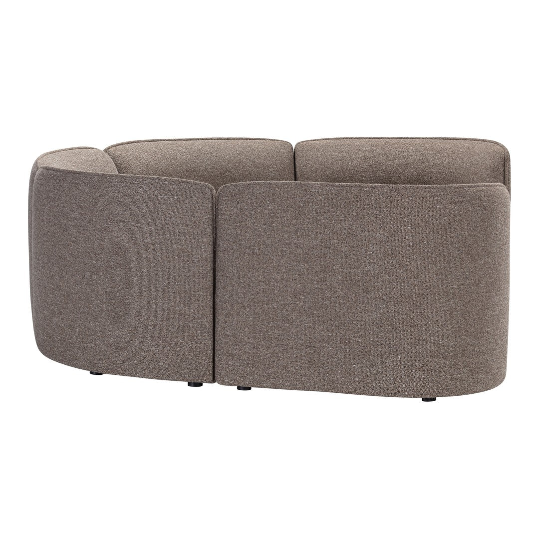 "Modern curved sofa in a soft brown fabric with a subtle textured pattern, perfect for stylish living spaces."
