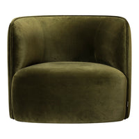 Green velvet barrel chair with a smooth, soft texture and rounded design, perfect for modern interiors.