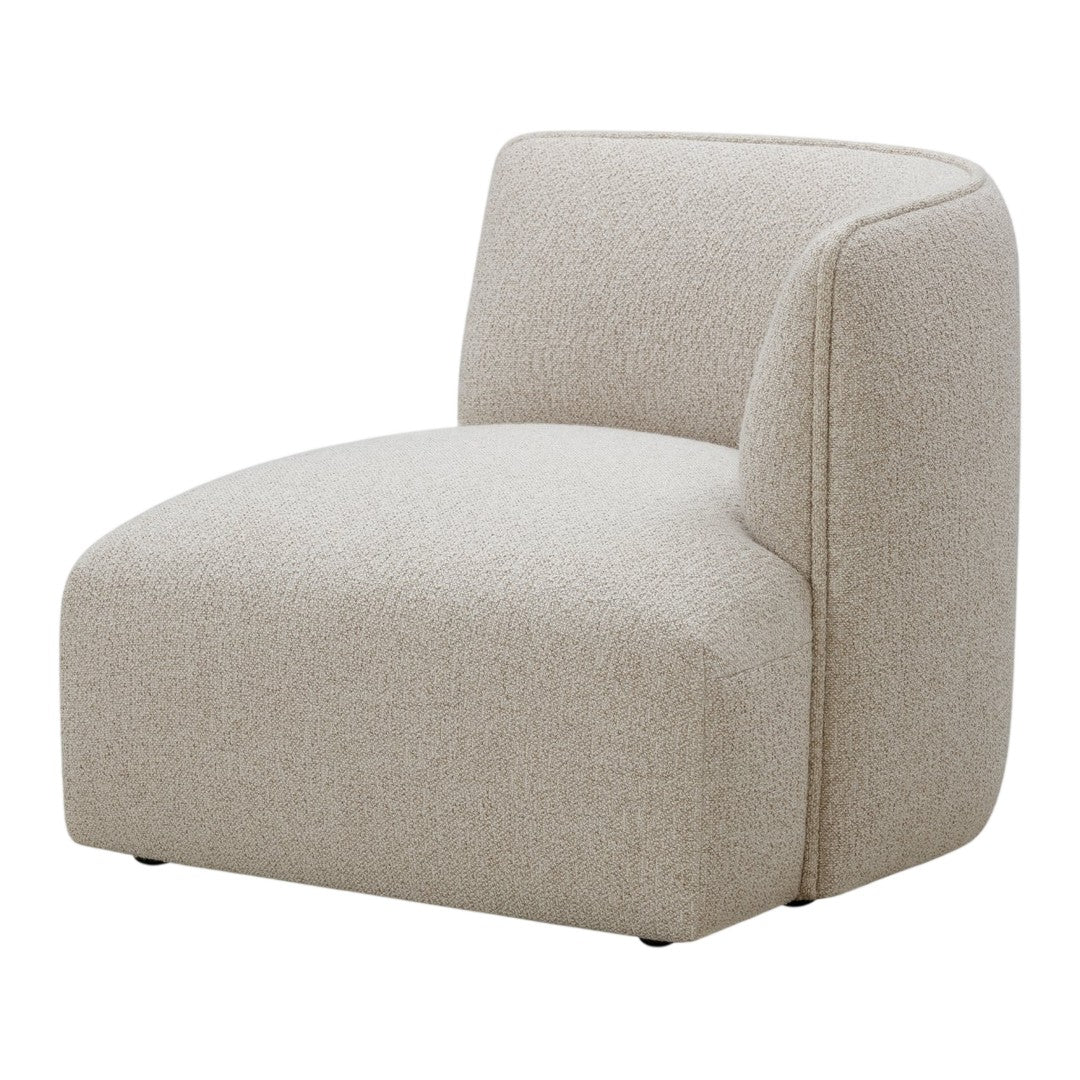 Beige upholstered accent chair with a minimalist design and subtle textured pattern. Ideal for modern decor.