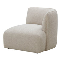 Beige upholstered accent chair with a minimalist design and subtle textured pattern. Ideal for modern decor.