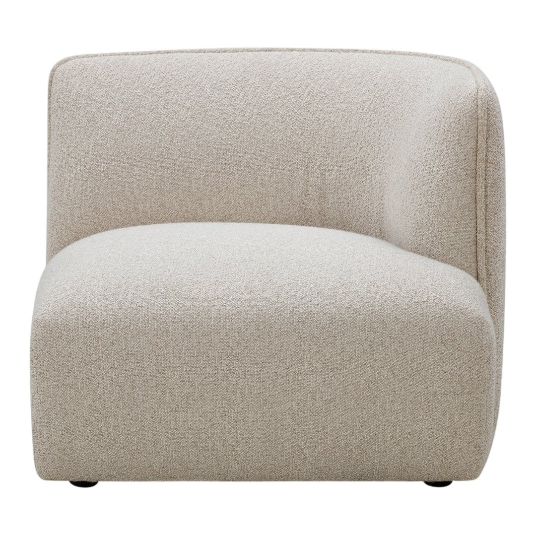 Beige chair with a textured, soft fabric and curved design, perfect for modern interiors.