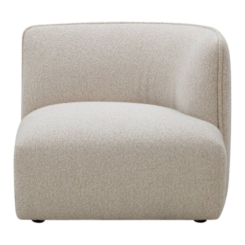 Beige chair with a textured, soft fabric and curved design, perfect for modern interiors.