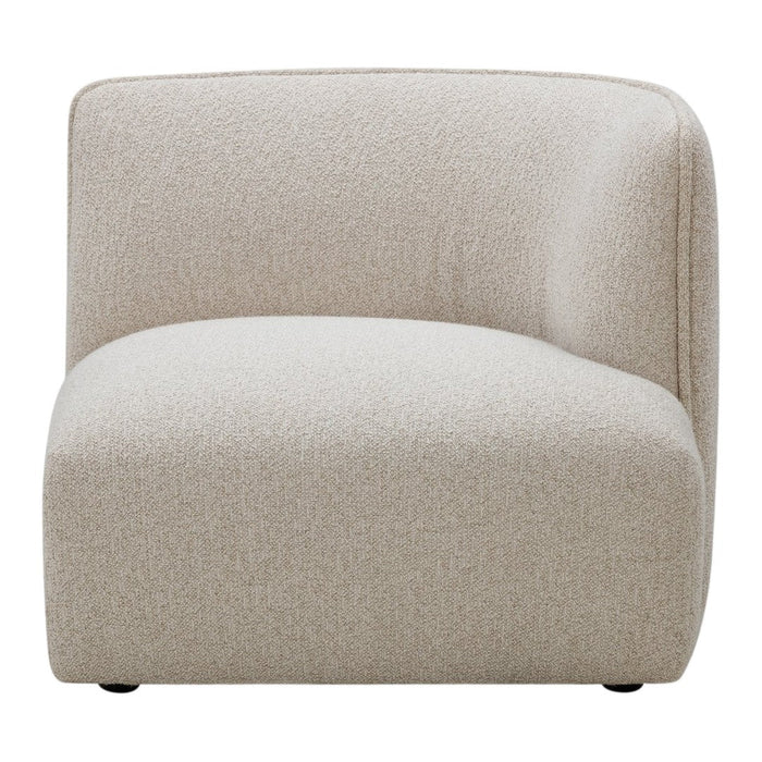 Beige chair with a textured, soft fabric and curved design, perfect for modern interiors.