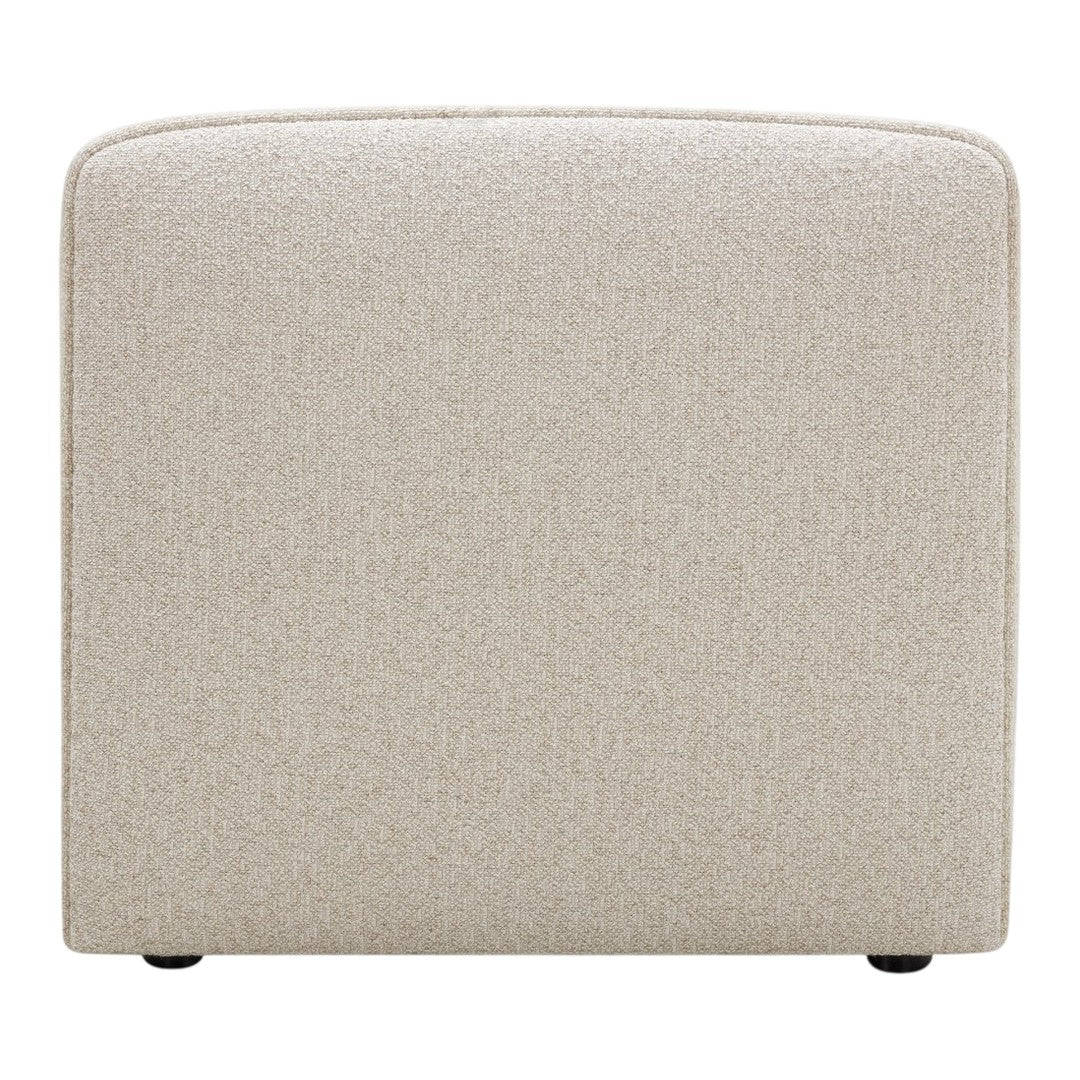 Beige upholstered ottoman with subtle texture and clean, modern design, featuring a smooth, rounded top and black legs.