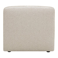 Beige upholstered ottoman with subtle texture and clean, modern design, featuring a smooth, rounded top and black legs.