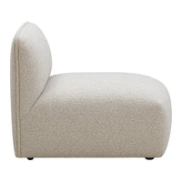 Cream-colored upholstered accent chair with a textured, boucle fabric pattern. Modern, minimalist design, low-profile silhouette.