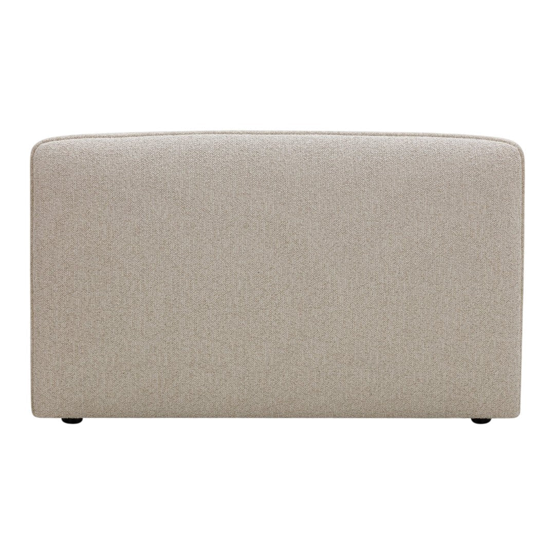 Beige upholstered bench with a subtle textured pattern and rounded edges, ideal for stylish home decor.