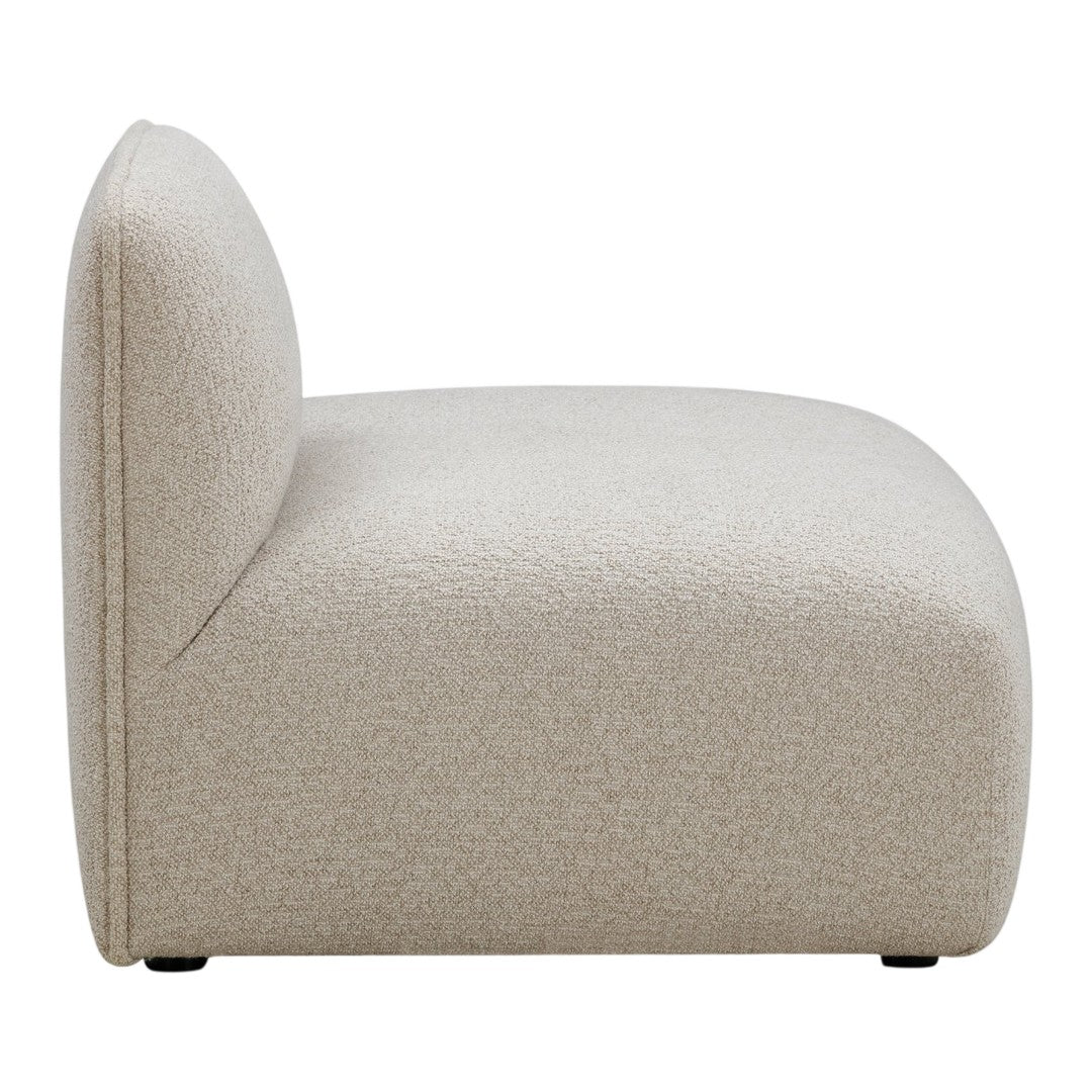Beige textured upholstery with a smooth, minimalist design, featuring rounded edges and a neutral color palette.