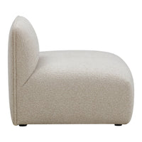 Beige textured upholstery with a smooth, minimalist design, featuring rounded edges and a neutral color palette.