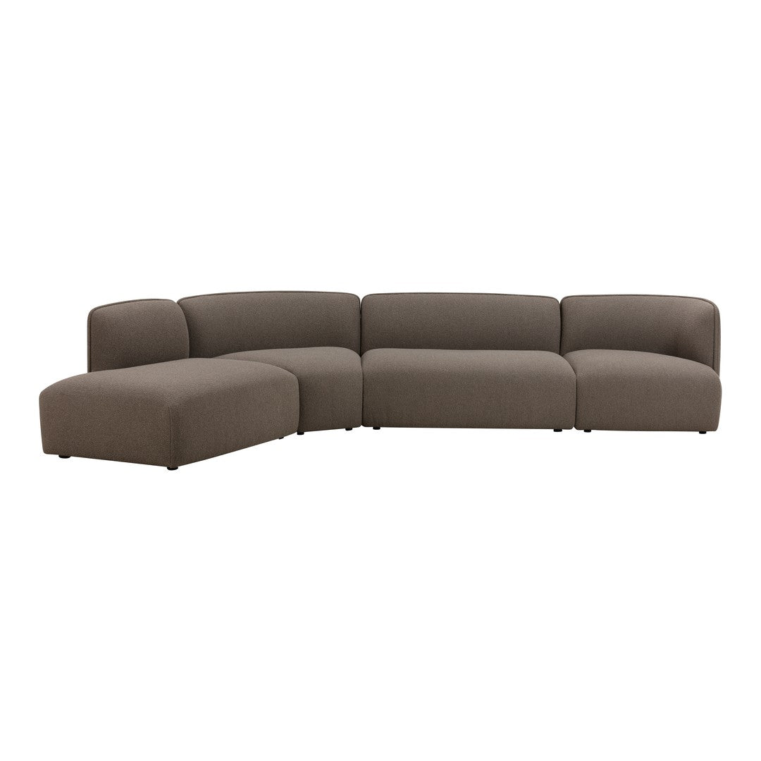 Brown upholstered sectional sofa with a smooth, modern design and soft, subtle curves. Ideal for contemporary living spaces.