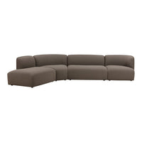 Brown upholstered sectional sofa with a smooth, modern design and soft, subtle curves. Ideal for contemporary living spaces.