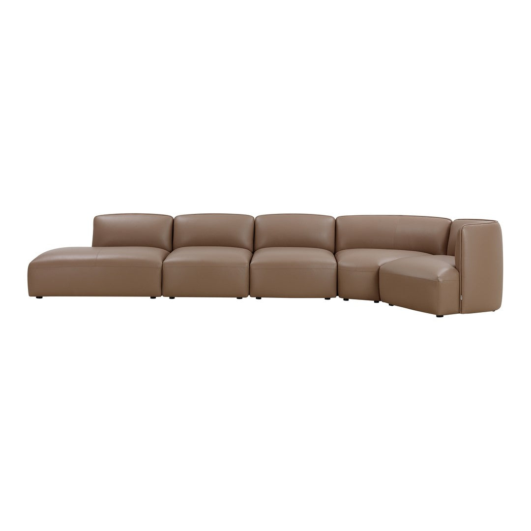 Luxe tan leather sectional sofa with a smooth, modern finish and clean lines, perfect for contemporary decor.