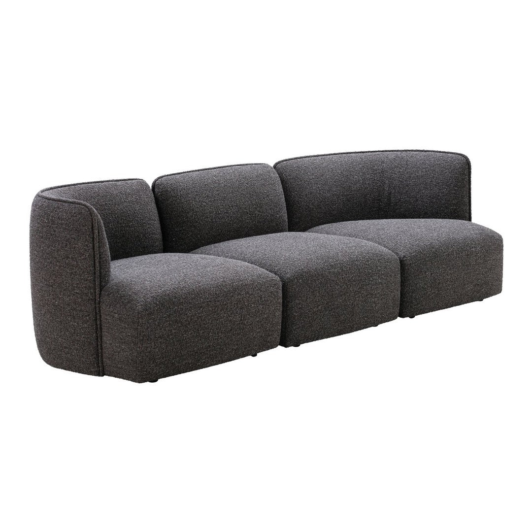 Gray modern sectional sofa with a smooth, rounded shape and textured fabric upholstery, perfect for contemporary decor.