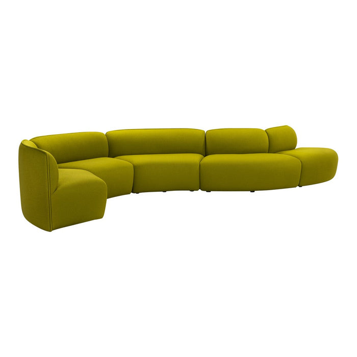 Curved sofa in vibrant olive green upholstery with soft, rounded arms and seamless design.
