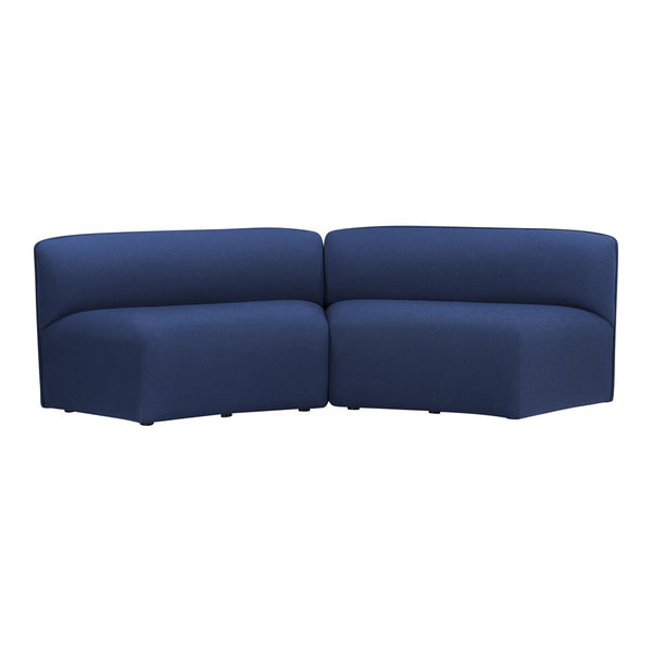 Two-piece sectional sofa in solid navy blue upholstery with a modern, minimalist design.