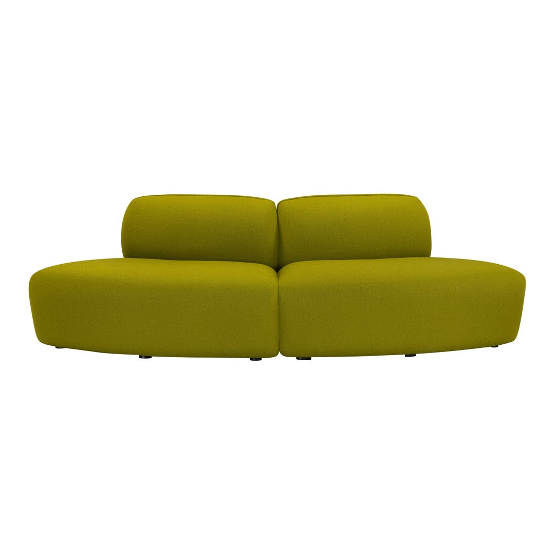 Curved sofa in vibrant moss green upholstery, featuring a smooth, modern design without patterns.