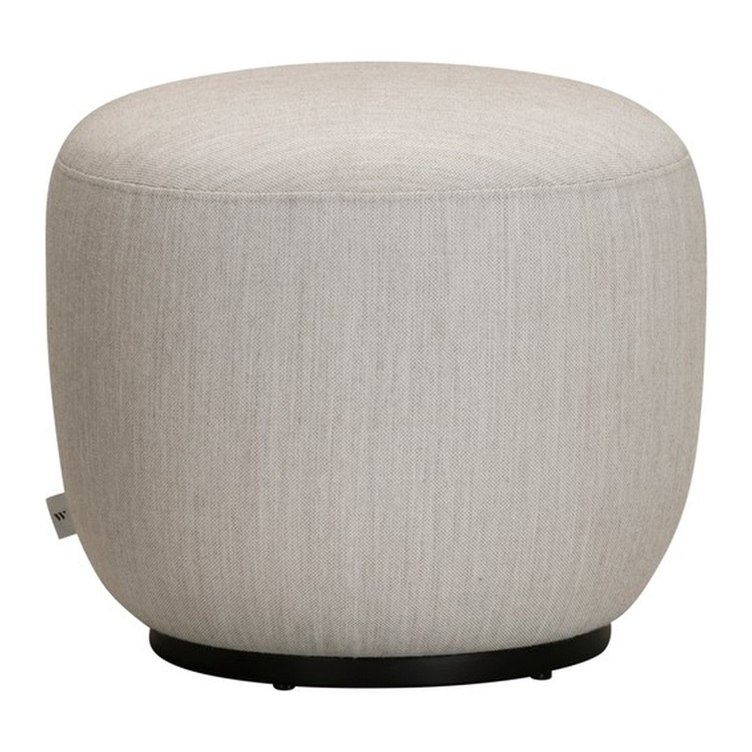 Light gray round ottoman with a textured fabric and a sleek black base, perfect for modern decor.