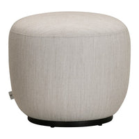 Light gray round ottoman with a textured fabric and a sleek black base, perfect for modern decor.
