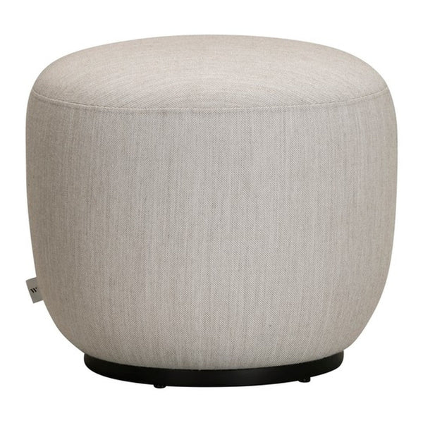 Light gray round ottoman with a textured fabric and a sleek black base, perfect for modern decor.