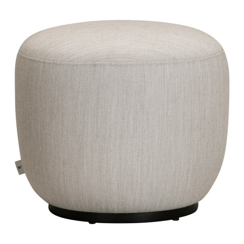 Light gray round ottoman with a textured fabric and a sleek black base, perfect for modern decor.