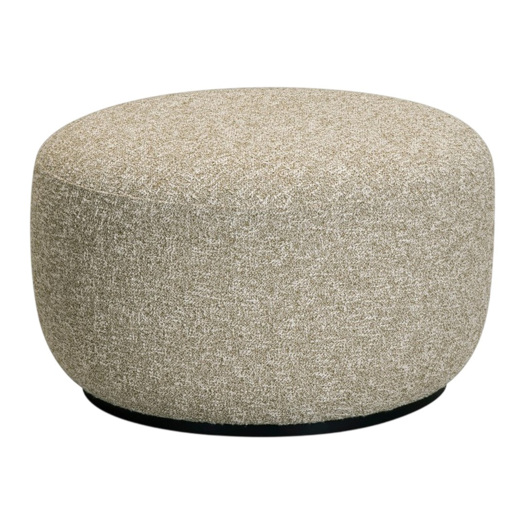 Beige textured pouf with subtle fibers and a smooth round shape, ideal for modern decor.