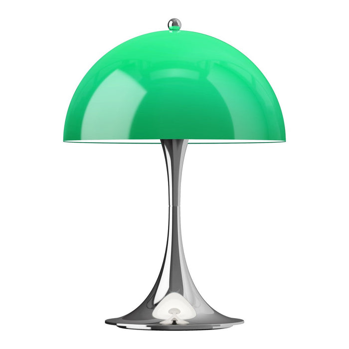 Green domed lamp with a sleek silver base, featuring a glossy finish and modern design. Perfect for stylish decor.