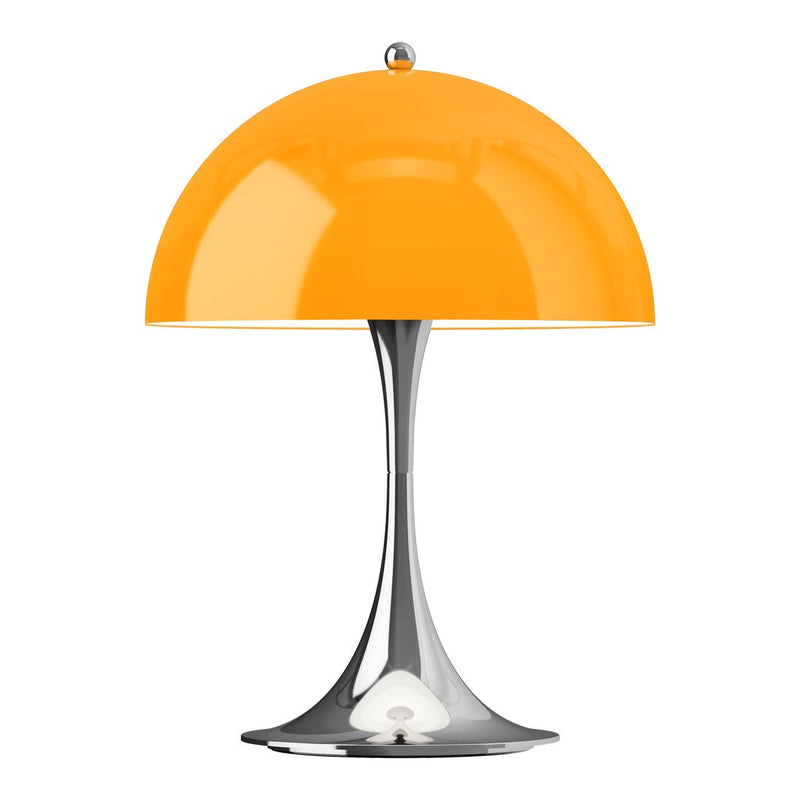 Bright orange dome lamp with a sleek chrome base, showcasing a modern design and glossy finish. Perfect for stylish decor.