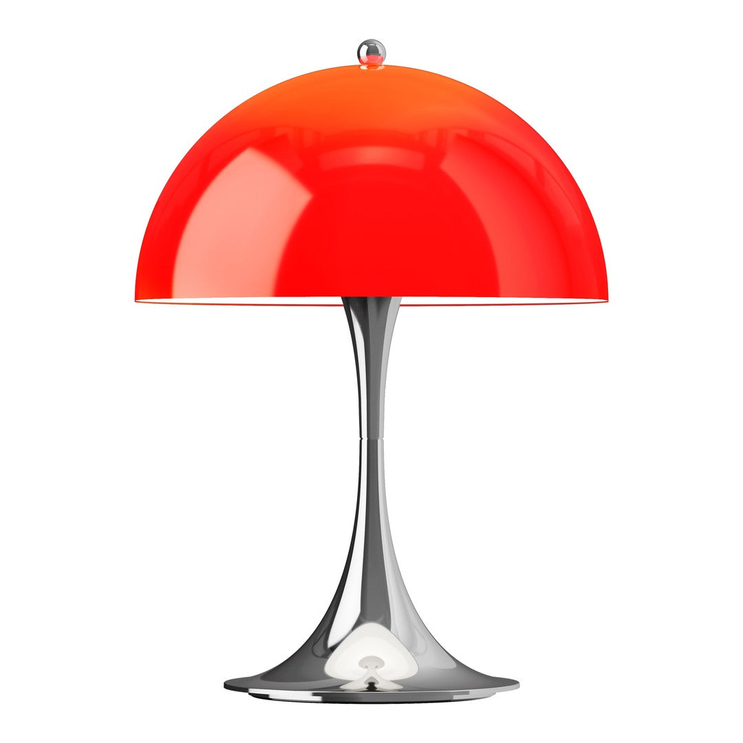 Glossy red dome lamp with a sleek silver base; modern design with vibrant color contrast.