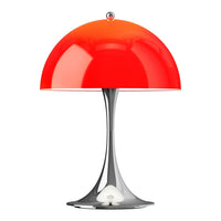 Glossy red dome lamp with a sleek silver base; modern design with vibrant color contrast.