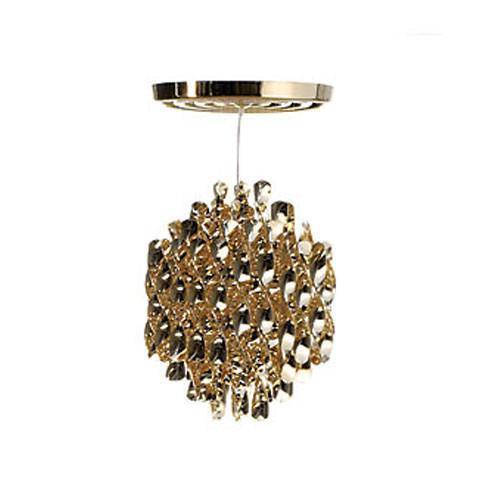 Gold pendant light featuring a modern, intricate pattern of interwoven shapes for a stylish decor accent.