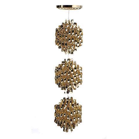 Gold and black pendant light with intricate geometric patterns, featuring three hanging orbs for a modern touch.